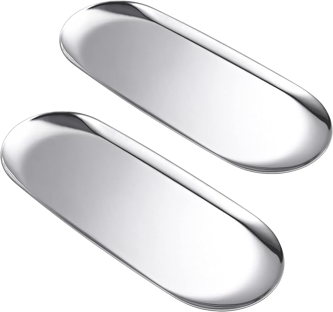 Set of 2 Silver Oval Stainless Steel Tray – Mini Coffee Table Tray for Jewelry, Cosmetics & Candles.