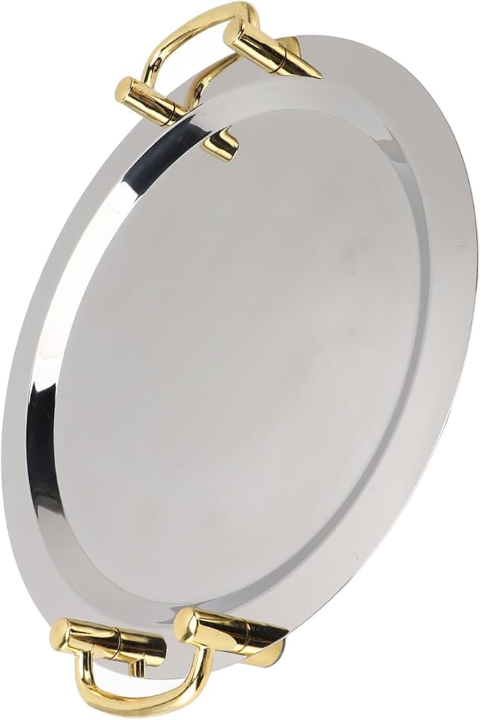 Stainless Steel Serving Plate, Elegant Mirror Finish Serving Tray Reusable Unbreakable Modern Kitchen Plates Golden with Handle for Hotel Restaurant Banquet (Round (Diameter 15.7in))