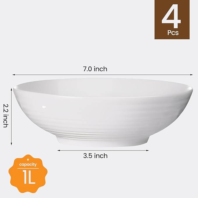 33 oz Ceramic Pasta Bowls, 7" White Pasta Plates, Large Serving Bowls Set of 4, Wide & Shallow, for Serving Salad, Soup, Noodle, Cereal, Microwave & Dishwasher Safe