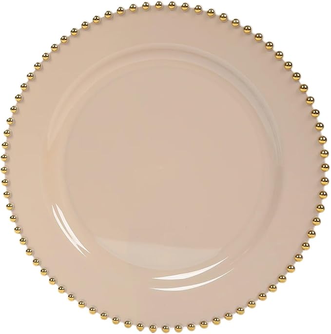 Efavormart 10-Pack Plastic Round Dinner Plates 10" Taupe with Gold Beaded Rim - Disposable Party Plates for Stylish Gatherings & Celebrations