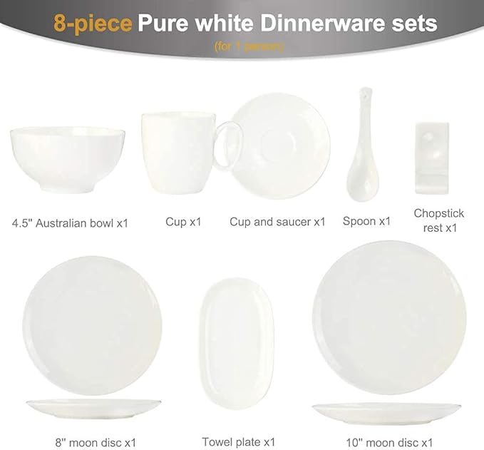 Pure White Porcelain Dinnerware Set Tableware Set Stoneware Dish Dinner Plates Dinner Set Dinner Service For1/2/4/10/16 People (White 8 Pcs(1 Set))