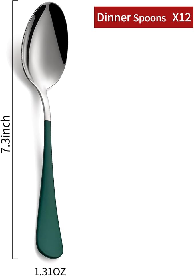 green Dinne spoons Set 12 Piece,Green Handle Silverware 18/0 Stainless Steel Flatware Bulk7.3-inch Dessert Spoons Sets Table of 12,Mirror Finished Dishwasher Safe