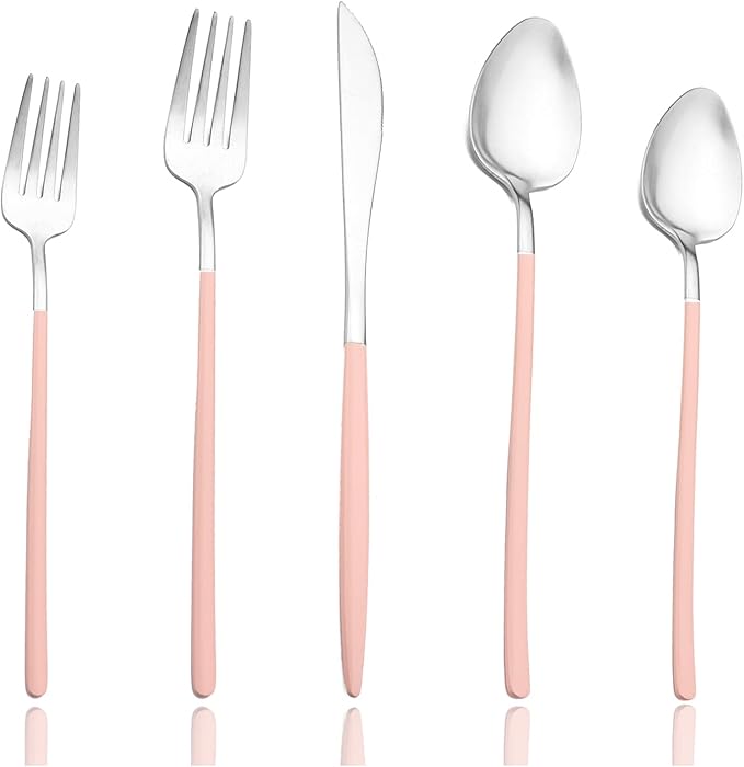 JASHII Matte Pink and Silver Silverware Set, 304 Stainless Steel Flatware Set Service for 4, Tableware Cutlery Set for Home Restaurant Party, Dinner Forks/Spoons/Knives, Slim Handle, Dishwasher Safe