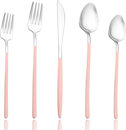 JASHII Matte Pink and Silver Silverware Set, 304 Stainless Steel Flatware Set Service for 4, Tableware Cutlery Set for Home Restaurant Party, Dinner Forks/Spoons/Knives, Slim Handle, Dishwasher Safe