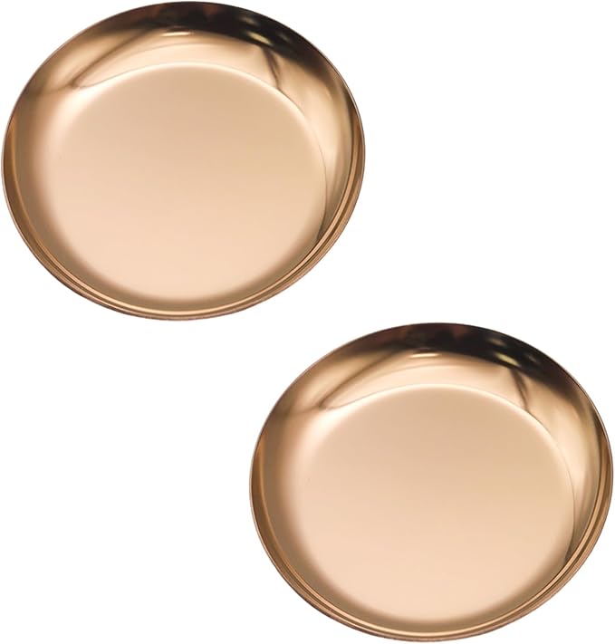 Pine & Linen 2 Pcs Rose Gold Jewelry Dish, 4 Inch Stainless Steel Trinket Tray Decorative Plate, Small Serving Tray for Home Decor/Decor Enthusiasts