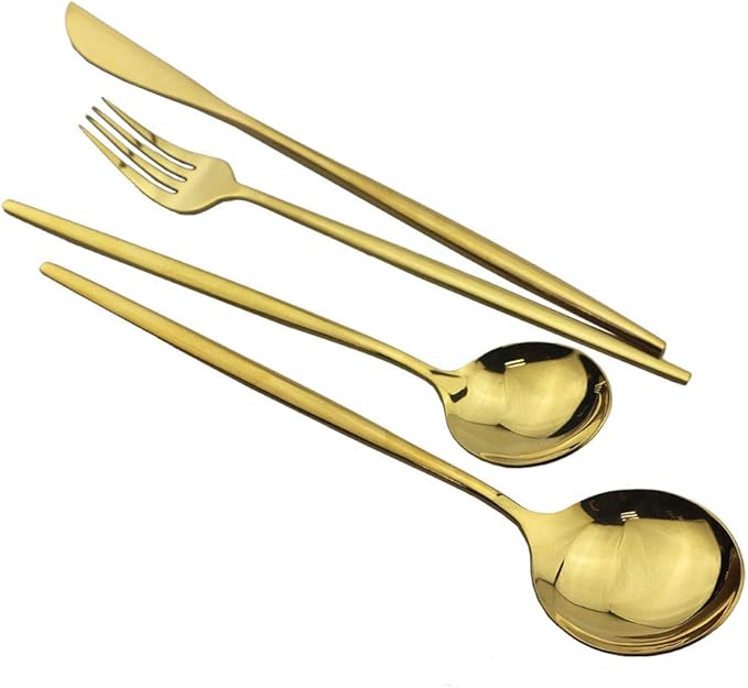 JASHII 4 Pieces 304 Stainless Steel Home Kitchen Cutlery Set Gold Flatware Set Mirror Polished Knife Fork Set Spoon Modern Tableware Set (Gold Full)