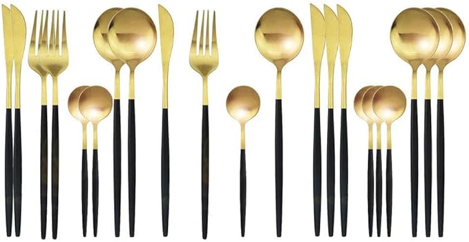 JASHII Matte Finish Black Gold Flatware Serving Set 24 Piece, Stainless Steel Silverware Set, Cutlery Set, Modern Elegant Tableware Set for Party, Christmas, Dinner (Black Gold)