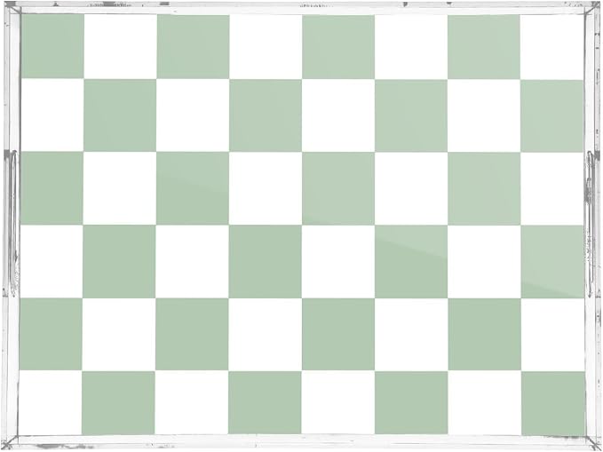 Serving Tray with Handles Clear Acrylic Tray 12x16 Inch Decorative Rectangular Tray Organizer for Ottoman Coffee Table Bathroom Checkered Green and White