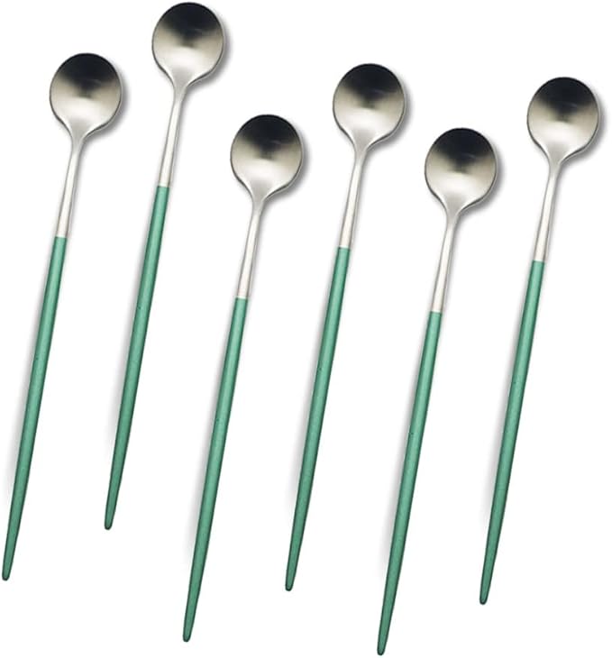 JASHII 6pcs Green&Silver Long Handle Spoon Set, Matte 304 Stainless Steel Mixing, Ice Cream Spoons, Modern Design, Dishwasher Safe - 7.87-inch