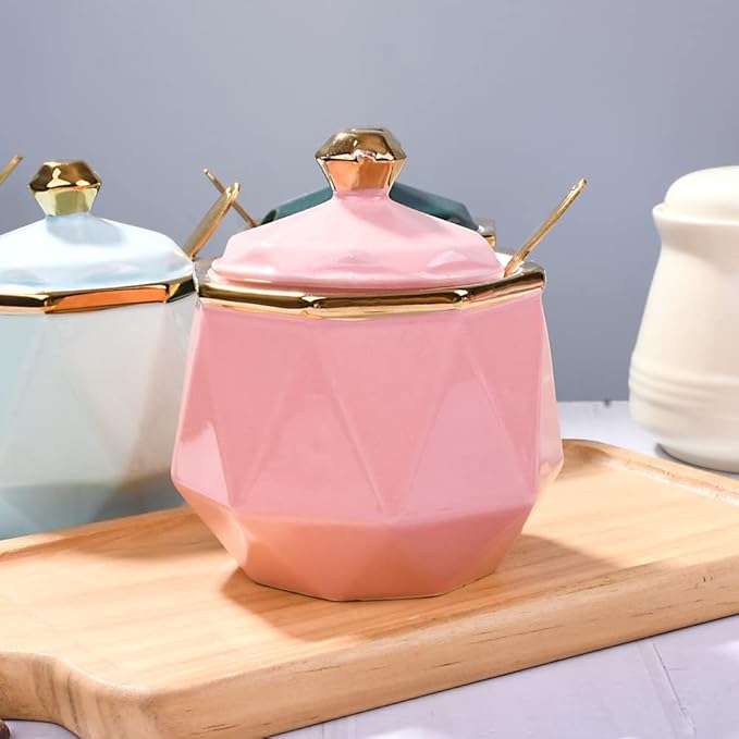 Sugar Bowl with Lid and Spoon, 9.5 oz Ceramic Sugar Bowl,Multi-Function Sugar Container Spice Container Salt Jar Condiment Bowls Sugar Jar for Kitchen Storage Organization 9.5 oz（280ml (Pink)