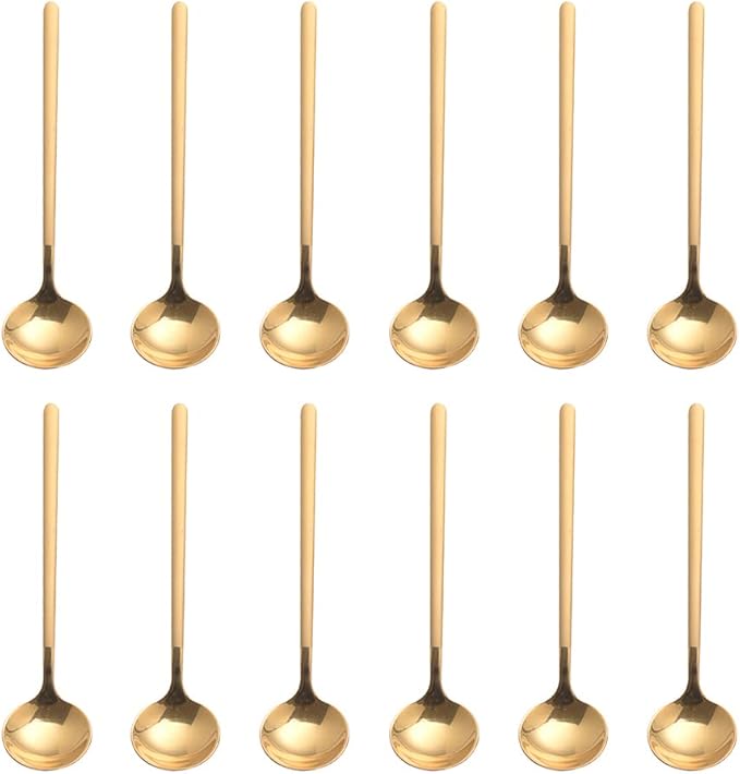 12 PCS Gold Coffee Spoons, 18/8 Stainless Steel Espresso Spoon, 5.2 Inches Vogue Mini Tea Spoons, Cappuccino Stirring Spoon for Dessert, Ice Cream, Frosted Handle, Sweejar (Gold)