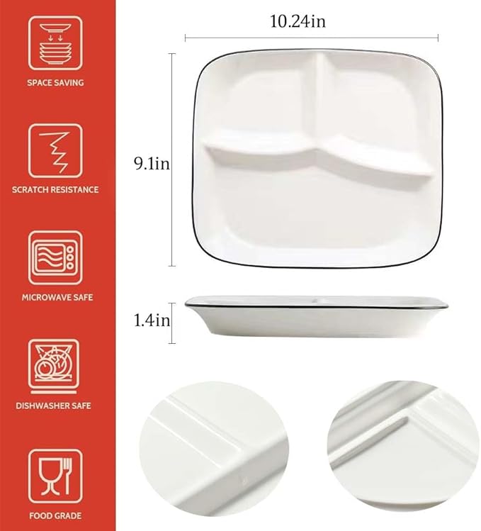 10inch Ceramic Divided Plates Set of 2,3 Compartment Portion Control Plate,Reusable Bariatric Plate for Adults,White Dinner Plates for Balanced Meal,Rectangular Porcelain Serving plates