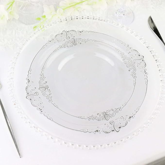 10" Dinner Plates -Set of 20 - Plastic Clear Silver Round Baroque Disposable Plate Leaf Embossed Rim, Ideal for Decoration Party Wedding Bulk Events