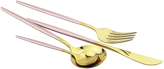 JASHII 24 Piece Titanium Pink And Golden Plated Stainless Steel Flatware Set, Pink Handle With Golden Mouth Silverware Set Pink And Gold Cutlery Set Service for 6 (Pink Handle,Shiny Golden)
