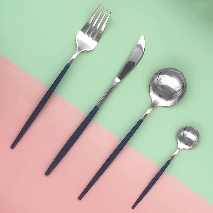 Silver Silverware Set, 24-Piece Stainless Steel Flatware Set Service For 6, Mirror Polished Blue Handle Tableware Cutlery Set Knife Fork And Spoon For Home & Restaurant, Dishwasher Safe