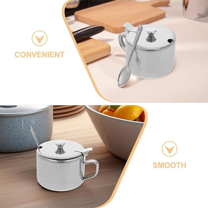 BESTonZON 3 Set Condiment Jars With Lid Spoon 3. 9" Metal Sugar Bowls Stainless Steel Pepper Container Salt Pot Seasoning Bottle For Kitchen Counter