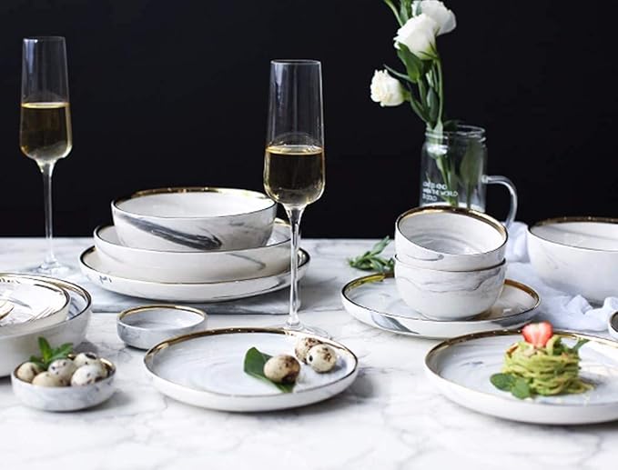 7PCS White Marble Ceramic Dinnerware Rice Salad Noodles Bowl Soup Plate Dinnerware Sets Dinnerware Kitchen Cooking Tool