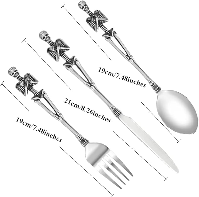 Skeleton Skull Silverware Set, LOYEH Stainless Steel Spoon Fork and Knife Flatware Tableware Design Modern Look Great Gifts For Halloween Easter and Christmas (SKULL - 3 IN ONE)