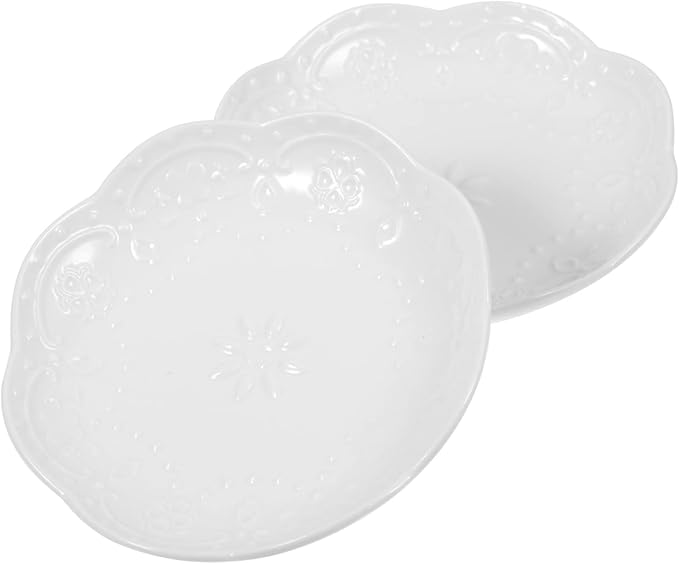 2pcs Ceramic Sauce Dishes Dipping Bowl Embossed Porcelain Appetizer Plates White Style