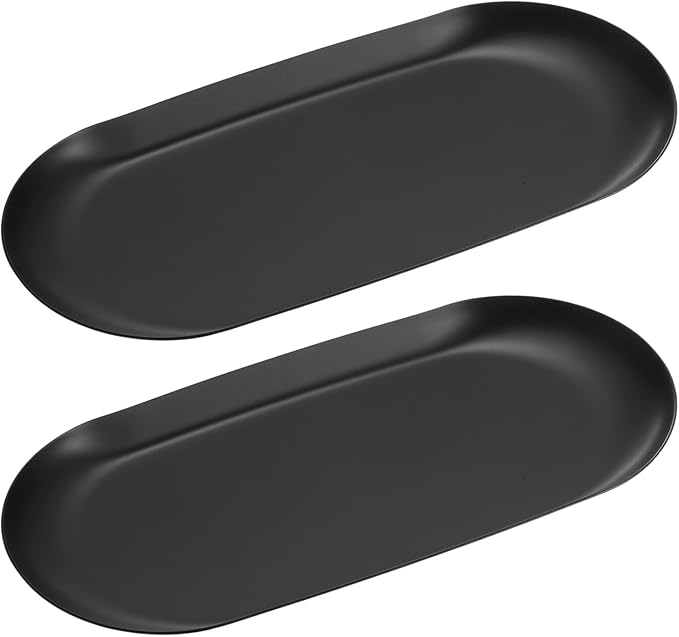 uxcell 2pcs Stainless Steel Decorative Tray, 7 Inch Oval Jewelry Tray, Small Serving Tray for Bathroom Countertops, Closets, Dressers, Black