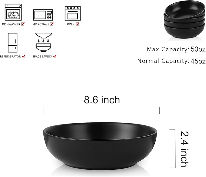 Selamica Ceramic Pasta Bowls 50 OZ, Large Salad Bowls, 8.6 Inch Ceramic Bowls Set for Soup, Cereal, Ramen, Stackable Serving Bowls, Microwave Dishwasher Safe, Matte Black