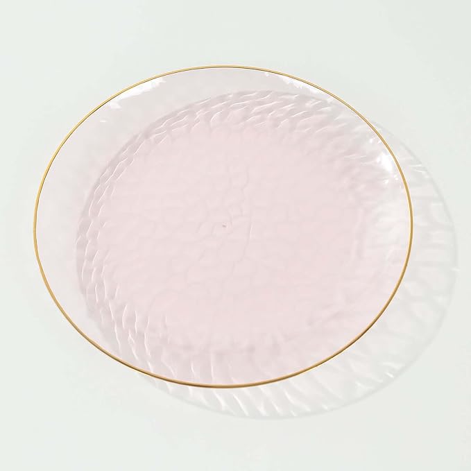 Efavormart 10 Pack | Transparent Blush Hammered 9" Round Plastic Dessert Appetizer Plates With Gold Rim, Disposable Salad Party Plate