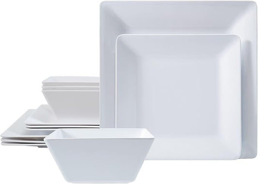 TP 12-Piece Dinnerware Set, Melamine Dishes Set with Bowls and Plates, Non-breakable and Lightweight Square Dinner Set for 4, White