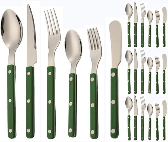 ABS Rivet Handle Marble Pattern Handle Kitchen Stainless Steel Silverware Tableware Flatware Cutlery Knives Forks Spoons Set,Butter Knife Dessert Spoon Fork (Green,24 pieces)