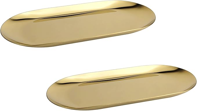 Elegant Stainless Steel Oval Decorative Tray: A Versatile 7 Inch Decorative Dish for Jewelry, Cosmetics, Fruit Tea，Towel and Bathroom Clutter Serving Delights in Gold Finish (2, Gold)