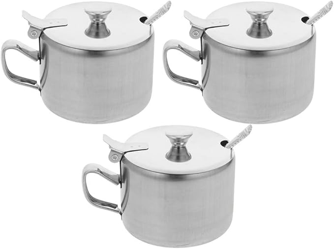 3 Set Stainless Steel Sugar Bowls with Spoons And Handles, Multi-use Condiment Jars for Sugar, Salt, Pepper, Seasoning, Kitchen Counter Storage And Dining
