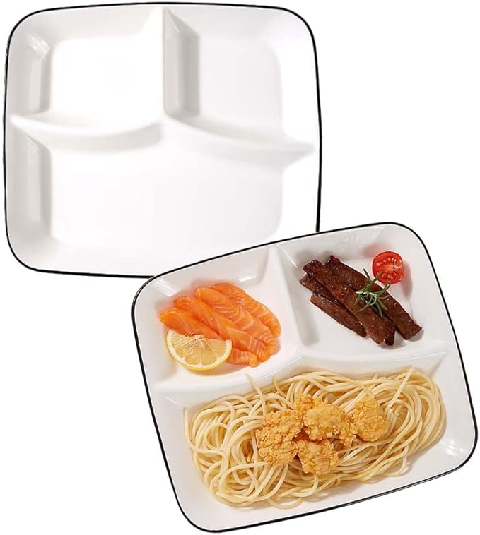 10inch Ceramic Divided Plates Set of 2,3 Compartment Portion Control Plate,Reusable Bariatric Plate for Adults,White Dinner Plates for Balanced Meal,Rectangular Porcelain Serving plates