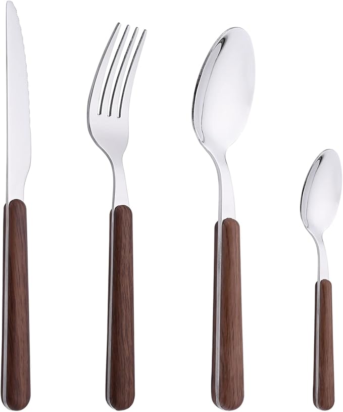 24 Piece Tableware Silverware Set with Faux Wooden Handle, Brown Silver Stainless Steel Flatware Cutlery Set for 6, Utensil Set for Home Including Forks Spoons Knives, Mirror Polished