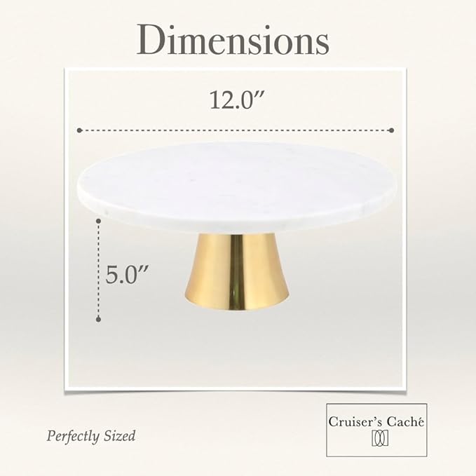 Cruiser’s Caché 12-Inch Marble Cake Stand | Natural White Marble with Gold Base | Round Dessert Stand, Cupcake Stand for Birthday Parties, Weddings, Baby Showers | White and Gold