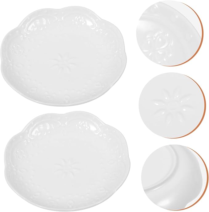 Ceramic Appetizer Plates Set of 2 White Flower Embossed Dipping Sauce Dishes for Snacks and Souffle Small Porcelain Serving Plates