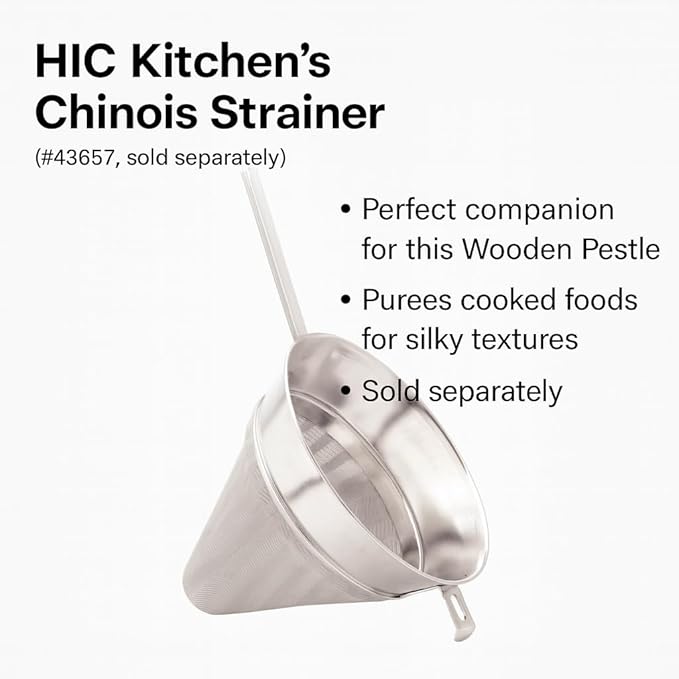 HIC Kitchen Wooden Pestle for Chinois, Hardwood, Cone-Shaped, For Purees, Sauces, Soups, Jams, And More, 8-Inches