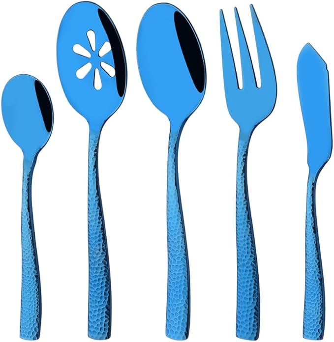 Serving Utensils Set, 5-Piece 18/8 Stainless Steel Hostess Serving Set, Elegant Hammered Serving Utensils for Home Restaurant and Buffet Catering, Heavy and Mirror Polished, Blue