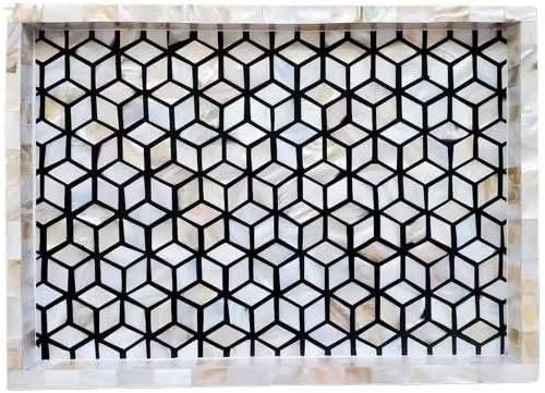 HANSA IT'S WORTH IT Handmade Bone Inlay Serving Tray Rectangle 60x38cm Blue Geometrical Pattern Coffee Tray Decorative Platter