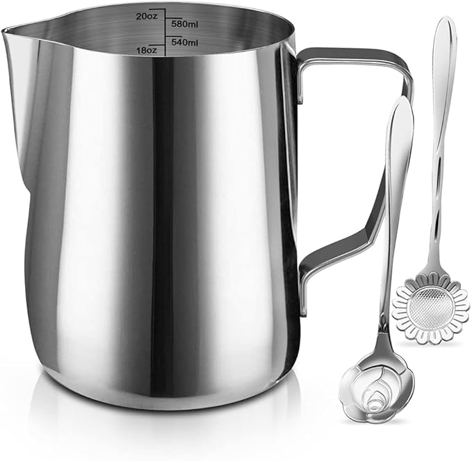 Milk Frothing Pitcher Cup, 20oz/600ML Milk Frother Cup Stainless Steel Steaming Pitcher Milk Jug Coffee Latte Art Cappuccino Espresso Machine Accessories Barista Steam Pitchers Attached Dessert Spoons