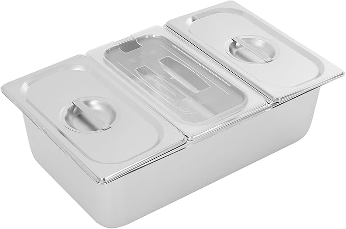 Three-Compartment Fruit Pan with Acrylic Lids and Water-Filtering Gaskets Stainless Steel 3 Pans Food Storage Container for Restaurants Buffet Display