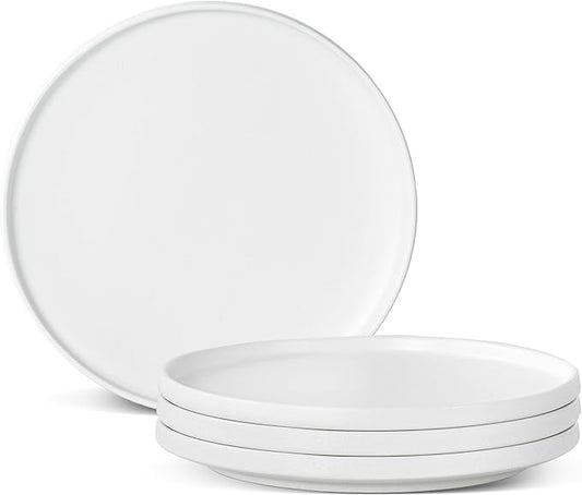 Ceramic Dinner Plates, 10.25 Inch Flat Dish Set for 4, Perfect for Family and Entertaining, Microwave & Dishwasher Safe, Dinner Dishes for Steak, Sandwiches, Pizza, Pasta, Modern White