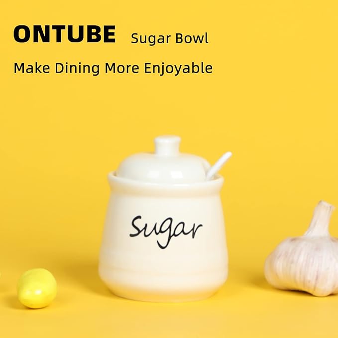 ONTUBE Ceramic Sugar Bowl with Lid and Spoon 12oz (beige)