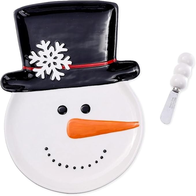 The Bridge Collection 12.5" Christmas Jolly Snowman Plate with Spreader - 2 Piece Set - Wintery Smiling Snowman Serving Dish with Matching Spreader