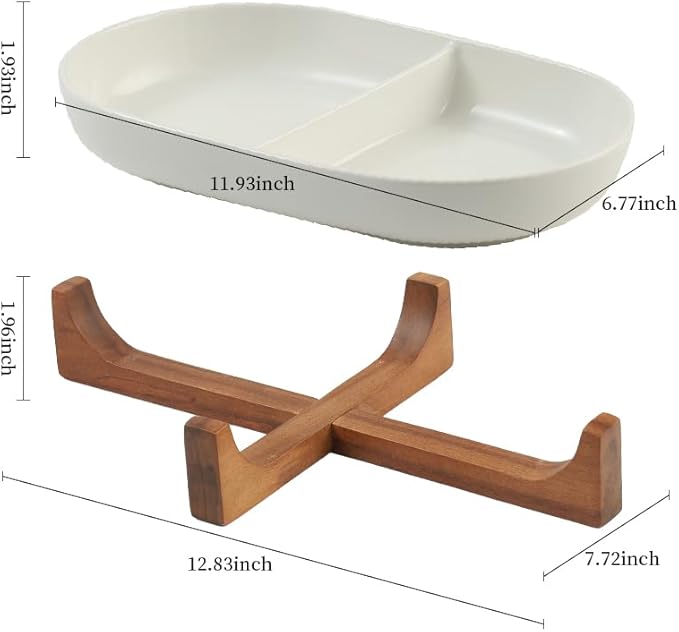 Divided Ceramic Serving Plate with Acacia Wood Base, Appetizers Platter for Home Decor(2-Compartment Plate), 12inch Divided Plate for Snack, Dessert, Fruit, Chip and Dip Serving Set