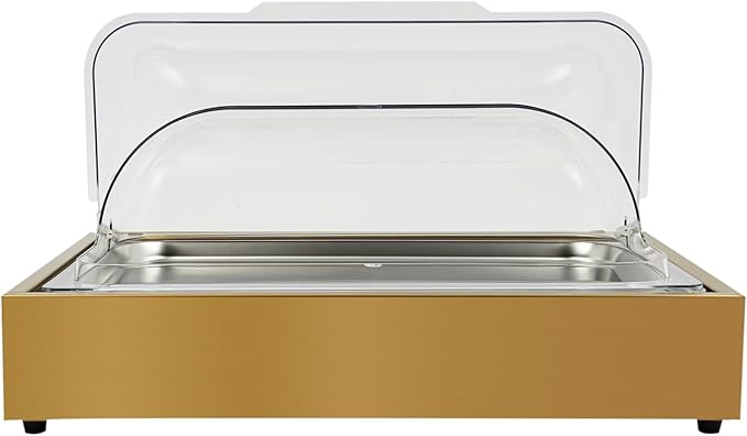 Single Compartment Ice Food Display Tray, 1.59Gal Stainless Steel Buffet Cooler Platter with Clear Lid & Reusable Gel Ice Box, for Outdoor Party Restaurant - Gold (Gold-1)