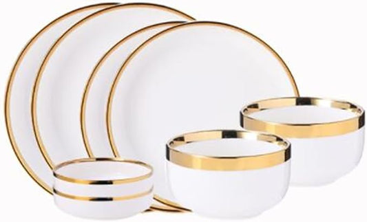 Gold and White Porcelain Dinnerware Set, Ceramic Bowl and Plate Set for Household and Hotel Dining (Bright 2people Set)