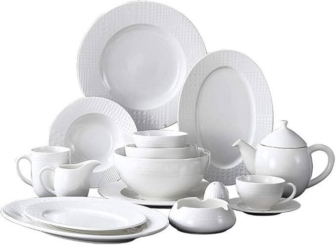 48 Pieces Dinnerware Sets, White Ceramics Dinner Sets, Complete Porcelain Combination with Plates, Bowls, Mugs, Coffee Cups and Tea Pot, Microwave Safe, Service for 6 Per