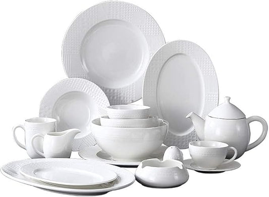 48 Pieces Dinnerware Sets, White Ceramics Dinner Sets, Complete Porcelain Combination with Plates, Bowls, Mugs, Coffee Cups and Tea Pot, Microwave Safe, Service for 6 Per