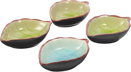 4Pcs Leaf Shape Ceramic Appetizer Plates Random Pattern Snack Dipping Bowls Versatile Serving Dishes for Fruits Nuts and Condiments for Restaurants and Home Use