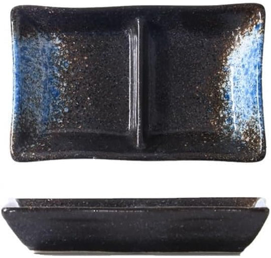 Appetizer Plates Double-grid Ceramic Soy Sauce Plate Barbecue Seasoning Dipping Dish Divide Sushi Meals Dishes for Condiment(Black blue)