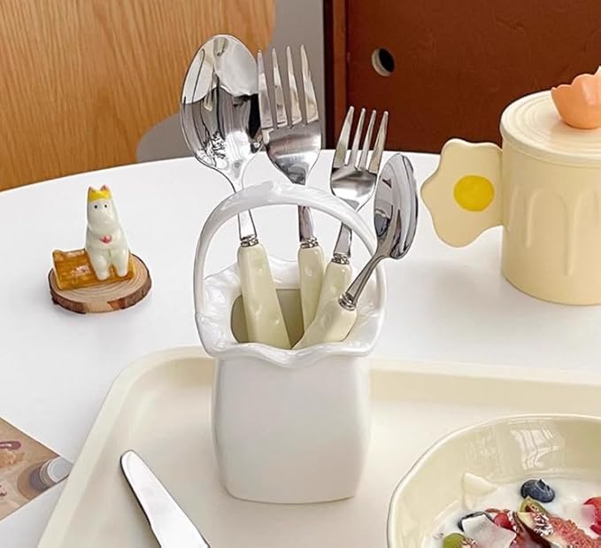 4Pcs Silverware Set, Cute Stainless Steel Flatware Cutlery Set with Cheese-shaped Ceramic Handle Dishwasher Safe Kitchen Dinnerware Set Include Knife/Fork/Spoon/Coffee spoon